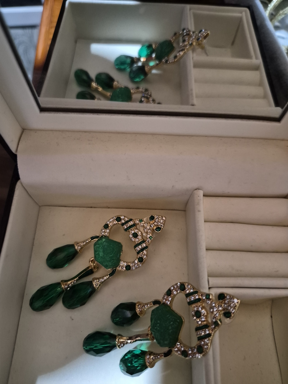 Gold-Tone Emerald Teardrop Chandelier Earrings